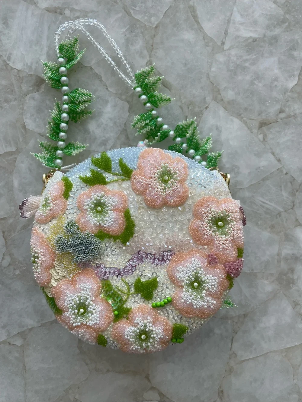 Handcrafted White & Green Floral Beaded Evening Clutch